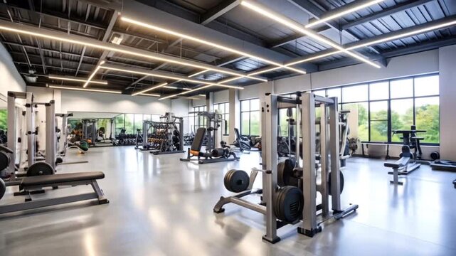Modern Gym Interior with Weight Training Equipment and Natural Light