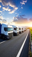 A highway with many white trucks parked in a row, under a vibrant sunset