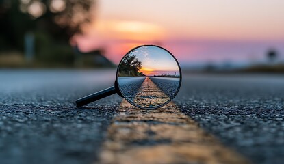 Magnifying glass reflecting a scenic road at sunset