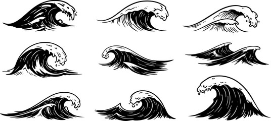 Obraz premium wave vector, black and white, simple and elegant, different shapes and styles, isolated on white background