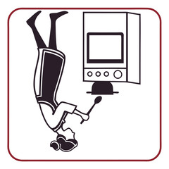 Illustration of a woman cooking in the kitchen with an oven and a spoon isolated on white background