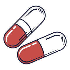 Two red and white capsules isolated on white background, representing medication, health, and pharmaceutical treatment for illness and recovery