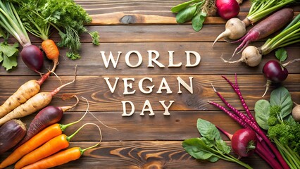 Celebrate world vegan day with fresh vegetables on a wooden table, promoting a healthy and sustainable lifestyle through plant based nutrition
