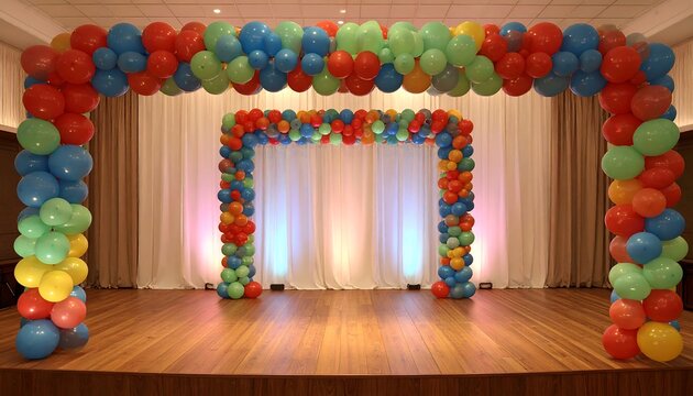 Colorful balloon arches create a vibrant celebration backdrop in a well-lit hall.