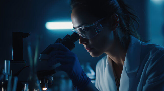 Professional female scientist working with microscope in modern laboratory environment showcasing advanced scientific research and innovative technology - Powered by Adobe