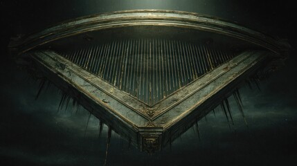 Futuristic, triangular structure hovering in a dim, cloudy sky; intricate details and lines