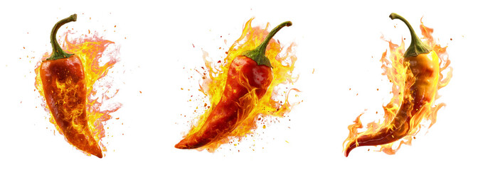 Collection of vibrant stylized 3D fiery peppers with flames around isolated on a white or transparent background