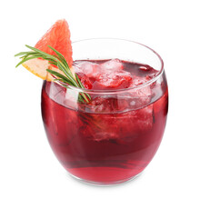 Tasty cocktail with grapefruit, ice cubes and rosemary isolated on white