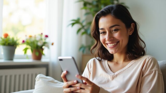Mujer hispana alegre con una sonrisa brillante y c&aacute;lidos ojos marrones usando su tel&eacute;fono en casa