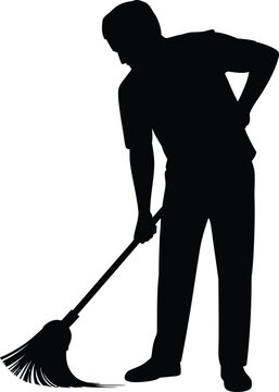 recommend clip art: Man sweeping the floor with a broom in a striking black silhouette