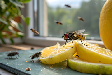 Naklejka premium Many flies and one big fly gather on sliced lemon fruit on a counter by the window, indicating pests and unsanitary conditions.