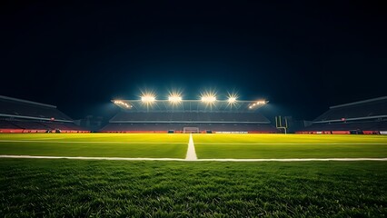Nighttime football field illuminated by glowing stadium lights, viewed from a dramatic low angle.