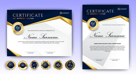 Certificate of appreciation template, gold and blue color. Clean modern certificate with gold badge. Certificate border template with luxury and modern line pattern. Diploma vector template.