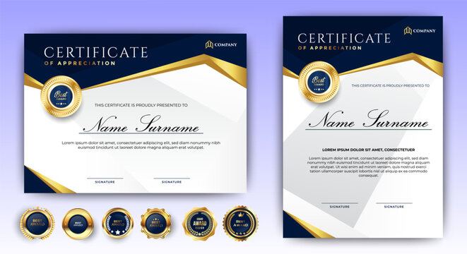 Certificate of appreciation template, gold and blue color. Clean modern certificate with gold badge. Certificate border template with luxury and modern line pattern. Diploma vector template.