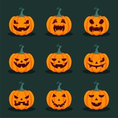 carved Halloween pumpkins with different facial expressions vector illustration
