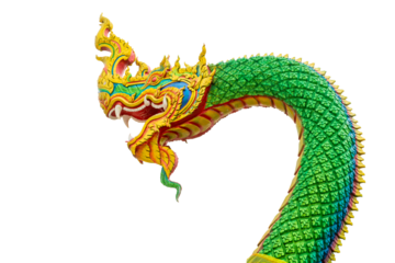 Green Naga statue with intricate golden details, Isolated on transparent background