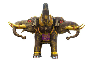 "Erawan Elephant" a three-headed elephant statue with red eyes, Isolated on transparent background