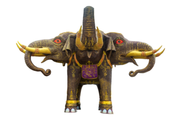 "Erawan Elephant" a three-headed elephant statue with red eyes, Isolated on transparent background