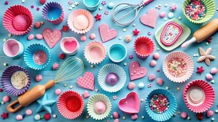 Colorful cupcake baking supplies and decorations, including cups, hearts, sprinkles, and tools, arranged on a flat surface for a sweet and festive treat