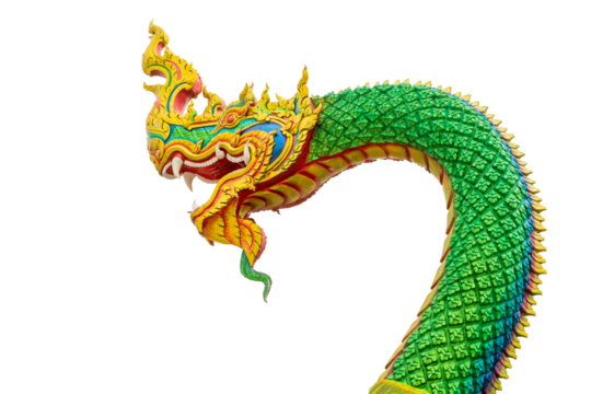 Green Naga statue with intricate golden details, Isolated on transparent background