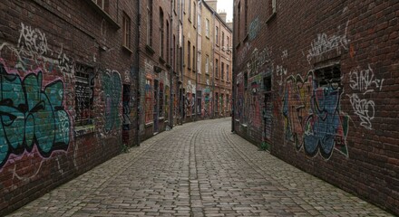 Fototapeta premium Urban Exploration_ Graffiti Art Adorns a Cobblestone Alleyway in a Historic District