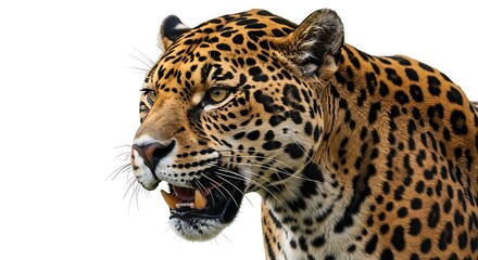 Obraz premium Intense Jaguar Portrait: Golden Eyes, Spotted Fur, and Open Mouth on White Background