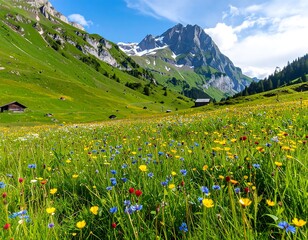 Obraz premium Alpine meadow with wildflowers and mountains