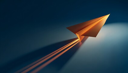 Golden paper airplane soars upward with streaking light trails