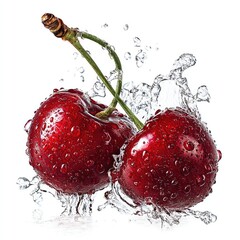 Two ripe cherries in water splash