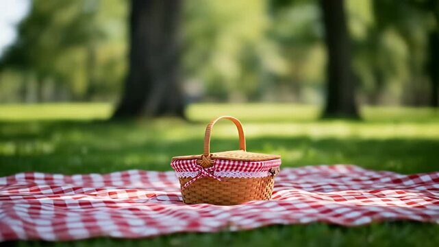 Woven picnic basket on a red and white checkered blanket in a green park setting