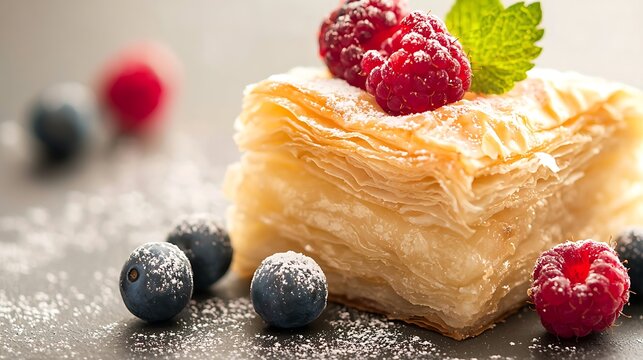 Sweet pastry delight topped with fresh berries and mint