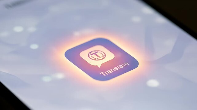 A phone screen displays a translate app icon glowing with purple and orange light