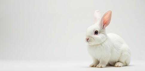Obraz premium Fluffy white rabbit perched on plain white backdrop, photo, white background photography