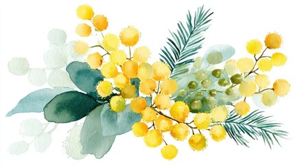 Watercolor bouquet of yellow flowers, green leaves, and sprigs