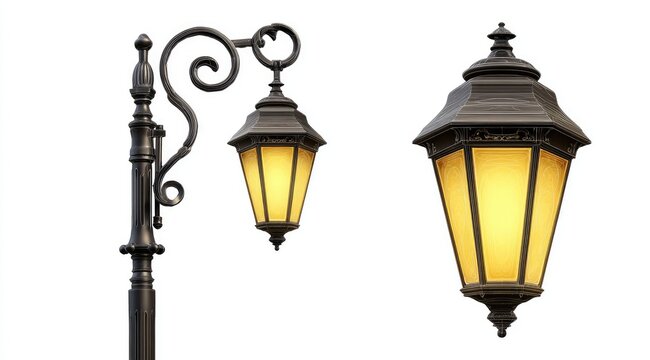 Two antique-style street lamps, one angled, one upright, lit with warm yellow light, against white background