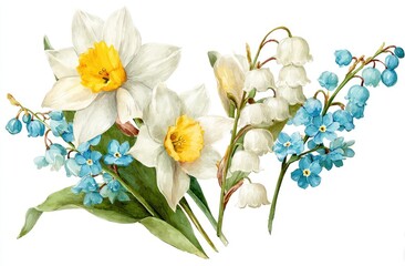Obraz premium Delicate spring bouquet of daffodils, lilies of the valley, and forget-me-nots