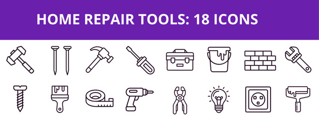 Naklejka premium Home repair tools icon set featuring various essential tools 