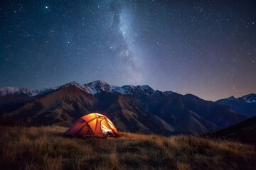 A glowing tent stands in the dark grassy field under a starry night sky.