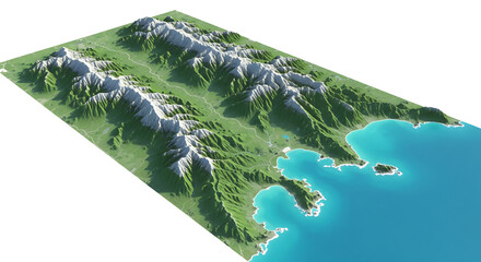 Isometric 3D model of a scenic coastal landscape with high snow-capped mountains and clear blue water, a detailed digital terrain generation.