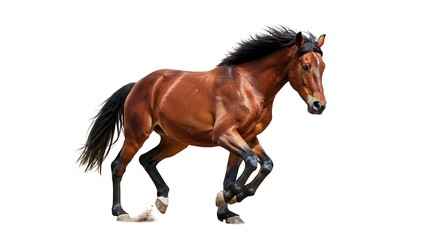 Naklejka premium Majestic Brown Horse in Full Gallop Against a Clean White Background