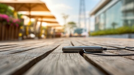 Gray device on wooden deck
