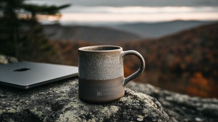 Gray mug on rock with laptop outdoors