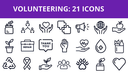 Volunteering icon set with diverse symbols representing community help