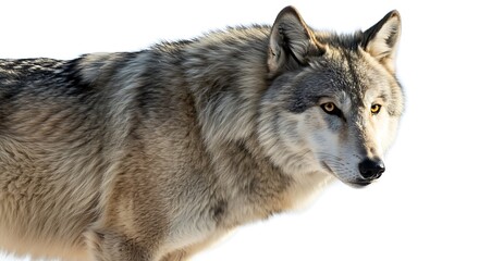 Fototapeta premium Majestic Gray Wolf Portrait: Intense Gaze and Detailed Fur on White Background