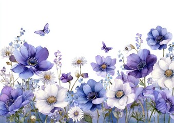 Purple and white floral border, watercolor style