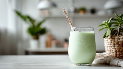 Green smoothie in glass with straw