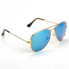 Aviator sunglasses with a sleek golden frame and reflective blue lenses.