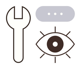 Wrench, eye, and chat bubble representations suggest teamwork, innovation, productivity, and repair. Ideal for problem-solving, user focus strategy vision communication and technology. A simple