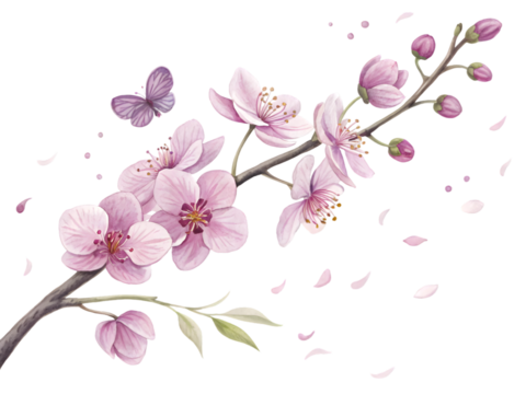 Delicate pink blossom branch with butterfly isolated on a transparent background petals - Powered by Adobe