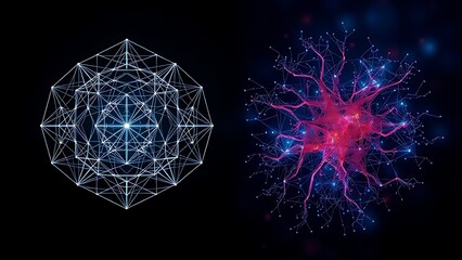 Abstract neural pathways: one geometric and structured, the other chaotic and organic.